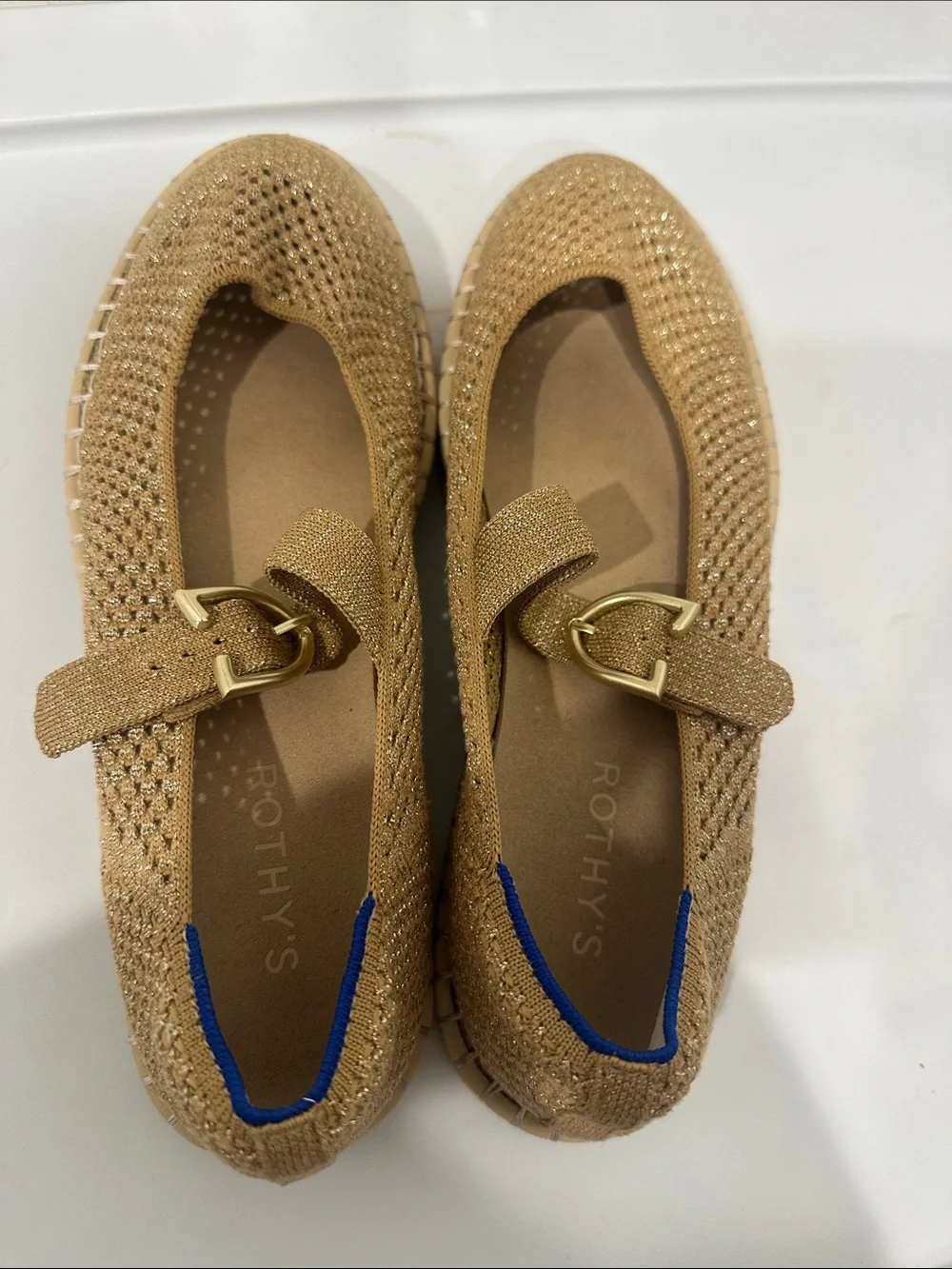 Rothy's The Espadrille Mary Jane wren beige gold Women 9.5 comfort